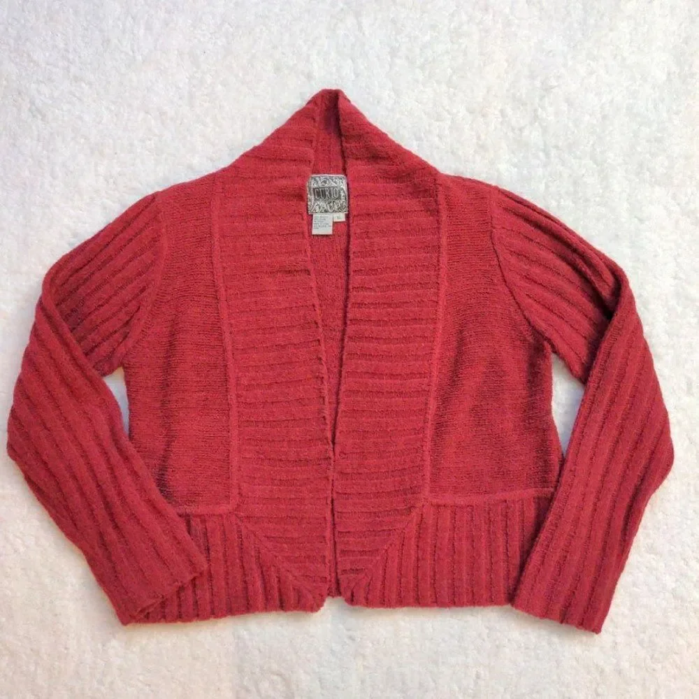 Curio Knit Cardigan Sweater Pink Ribbed Open Front Winter Soft Cozy Art XL